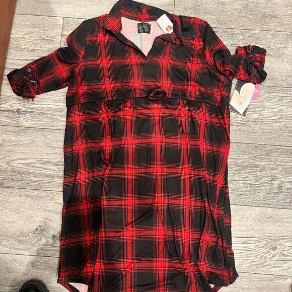 NWT Maternity Fashion Womens XL Flannel Dress 3/4 Sleeve Red & Black Plaid VNeck - Picture 1 of 6